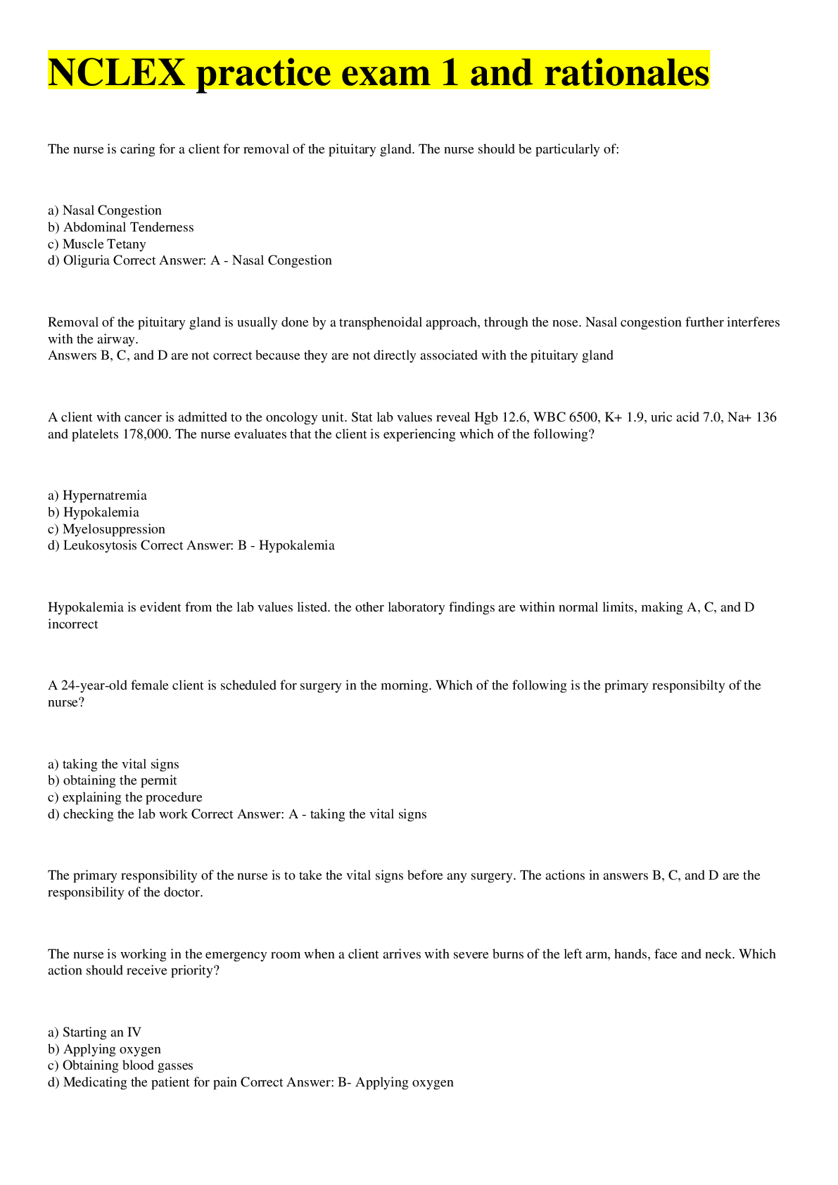 Preview image of NCLEX practice exam 1 and rationales document